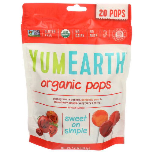 Yumearth Assorted Lollipops Pomegrante Pucker, Strawberry Smash, Very Cherry & Perfectly Peach - 0.21 Ounce - 20 Count