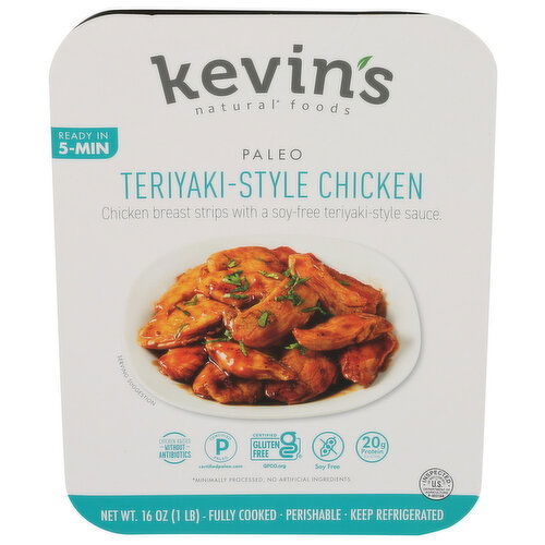 KEVIN'S NATURAL FOODS Teriyaki Chicken Tender Breast Strips Paired With a Soy-Free Style Sauce Made Coconut Aminos, Ginger, And Garlic. Teriyaki-Style - 16 Ounce