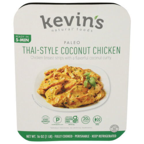 KEVIN'S NATURAL FOODS Thai Coconut Chicken Tender Breast Strips Paired With a Flavorful Curry Made Milk, Basil, And Style Spices. Thai-Style - 16 Ounce