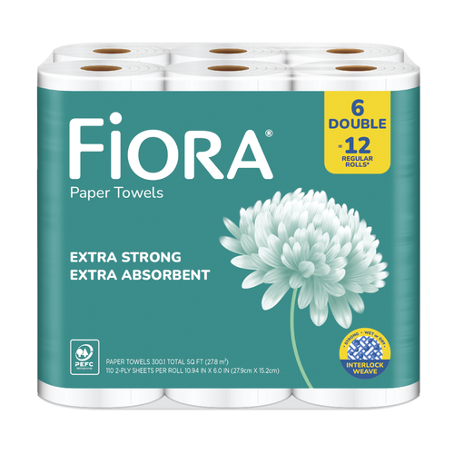 Fiora Paper Towel, 2-Ply, 6-Pack Double Rolls - 50.017 Square foot - 6 Count