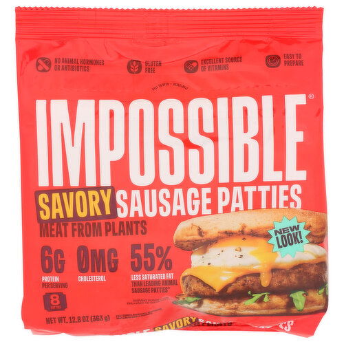 Impossible Foods INC. Sausage Patties Made From Plants, Savory, Frozen, Fully Cooked, 8 Patties - 1.6 Ounce - 8 Count