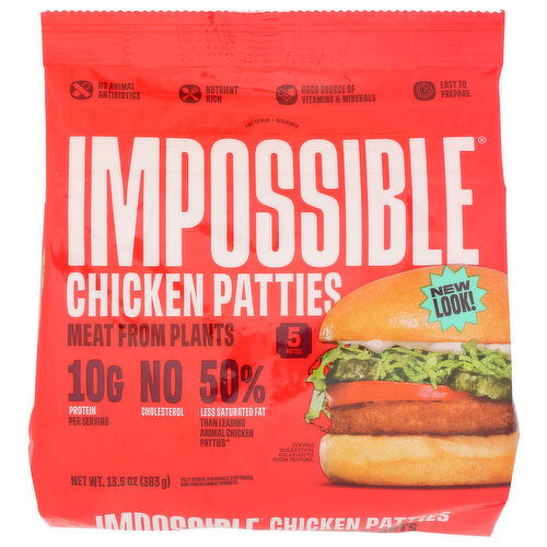 IMPOSSIBLE FOODS Chicken Patties Made From Plants, Frozen, Fully Cooked, 5 - 2.7 Ounce - 5 Count