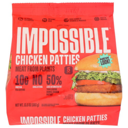 Impossible Foods Chicken Patties Made From Plants, Frozen, Fully Cooked, 5 Patties - 2.7 Ounce - 5 Count Image 1 of 4