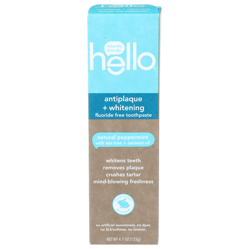 Hello Natural Peppermint With Tea Tree + Coconut Oil Antiplaque + Whitening Fluoride Free Toothpaste - 4.7 Ounce