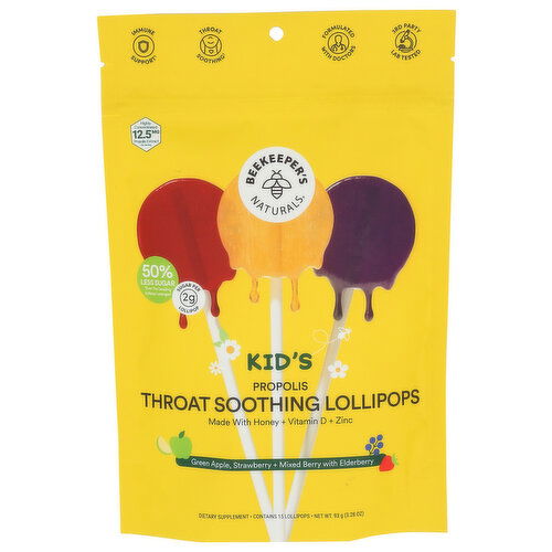 BEEKEEPER's Naturals Strawberry, Apple, Elderberry Mixed Berry Kids Throat Soothing Lollipops - 0.219 Ounce - 15 Count