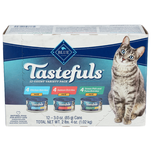 BLUE TASTEFULS Salmon, Chicken, Fish & Tuna Adult Cat Paté Variety Pack - 0.085 Kilogram - 12 Count