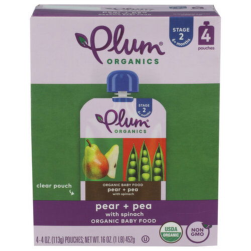 Plum Organics Stage 2 Organic Baby Food Pear + Pea With Spinach - 4 Ounce - 4 Count