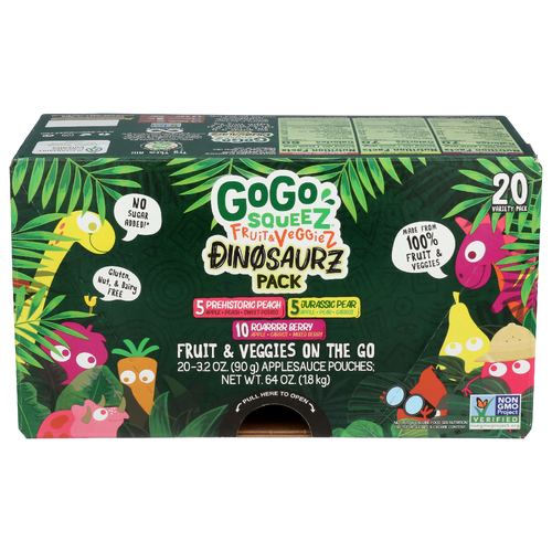 GOGO SQUEEZ Dino Variety Pack Apple Berry Carrot, Peach Sweet Potatoe, Pear, Applesauce Fruit & Vegetable Pouch - 3.2 Ounce - 20 Count