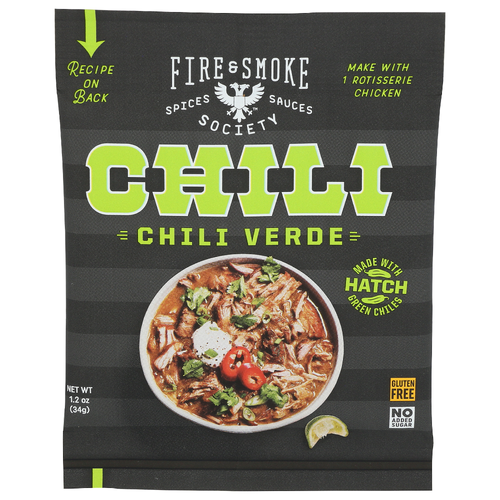 FIRE & SMOKE SOCIETY Hatch Green Chiles, Cumin, Garlic, Coriander, Mexican Oregano a Bright, Tangy, Southwestern-Style Chili Seasoned With And Other Spices. Dry Seasoning Blend Verde - 1.2 Ounce