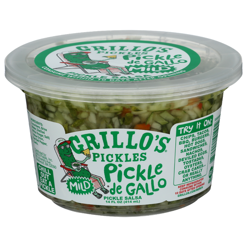 GRILLO'S PICKLES Mild Your New Favorite Way To Consume Has Arrived. Grillo’s Pickle De Gallo Is a Fresh Take On Salsa, And Relish. Pairs Perfectly With Chips, Hot Dogs, Tuna Salads, Burger Bowls, Tacos Pretty Much Anything Else. Dip In These Finely Chopped Bell Peppers, Onions. Elevate Condiments Find Us Chillin' The Refrigerated Section! - 14 Fluid Ounce