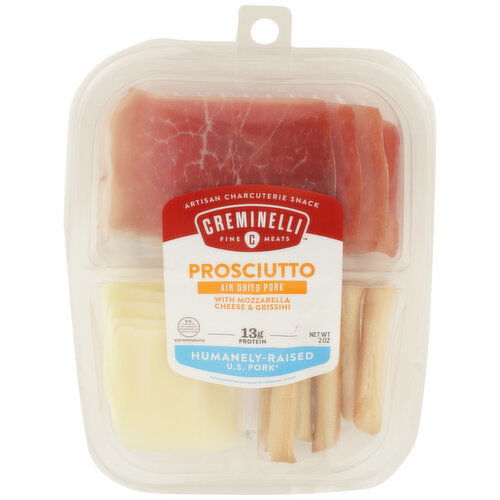 Creminelli Fine Meats Sliced Prosciutto, Mozzarella & Grissini Breadsticks Convenient Pre-Sliced Snack Pack Prosciutto - 2 Ounce