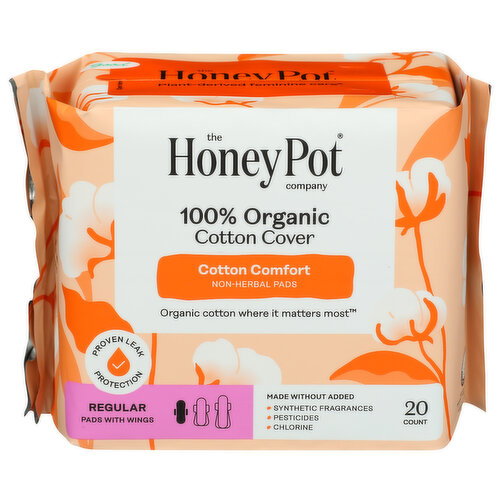 The Honey Pot Company 100% Organic Cotton Comfort Cover Regular Menstrual Pads With Wings - 20 Count