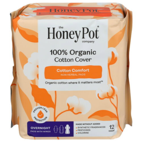 The Honey Pot Company 100% Organic Cotton Comfort Cover Overnight Menstrual Pads With Wings - 12 Count