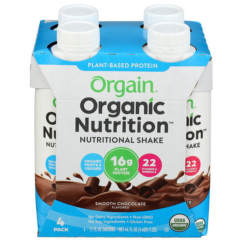 ORGAIN Plant-Based Organic Nutrition Shake Smooth Chocolate 4-Pack - 11 Fluid Ounce - 4 Count