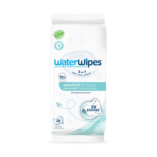 Waterwipes Unscented Wet Sensitive+ On The Go Wipes, 3-In-1 Cleans, Cares, Protects, 99.9% Water, Unscented & Hypoallergenic - 28 Count Image 1 of 3
