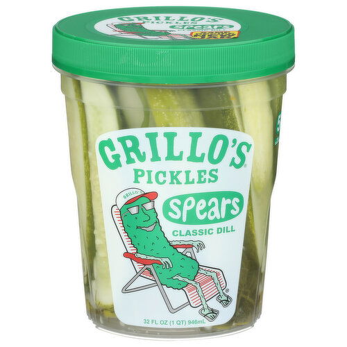 GRILLO'S PICKLES Dill This Is The Og. Made With a 100-Year-Old Recipe, Pickle Are Only Garden Fresh Ingredients, And Cold-Pickled For Maximum Crunch. Elevate Your Condiments Find Us Chillin' In Refrigerated Section! Italian Spears - 32 Fluid Ounce