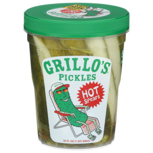 GRILLO'S PICKLES Hot Some Like It Spicy. We Don’t Blame You. Pickle Are Just As Crunchy Our Classic But Pack Heat With Fresh Jalapeño And Habanero In Every Jar. Made Only Garden Ingredients, Cold-Pickled For Maximum Crunch. Elevate Your Condiments Find Us Chillin' The Refrigerated Section! Italian Dill Spears - 32 Fluid Ounce