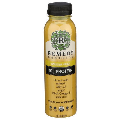 REMEDY ORGANICS Golden Mind Protein Shake Is 100% Plant-Based And Made With Almonds For Heart Health, Dha Omega-3 Brain Turmeric Inflammation Support, Maca Energy, Mct Oil Digestion Prebiotics Gut Muscle Recovery. Contains Of Fat, Sugar, Zero Cholesterol. Usda Organic, Non-Gmo, Dairy-Free, Gluten-Free, Soy-Free, Vegan - 12 Fluid Ounce