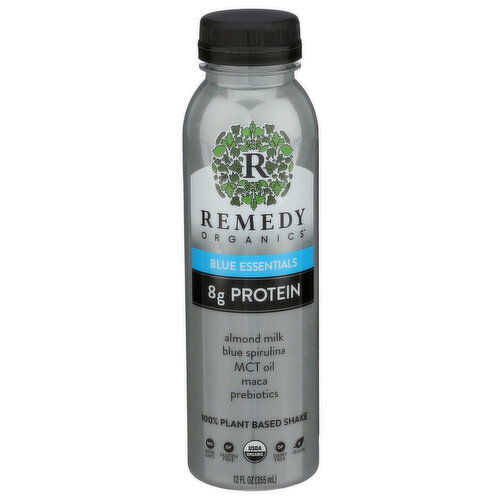 REMEDY ORGANICS Blue Essentials Protein Shake Oxidants Is 100% Plant-Based And Made With Almonds For Heart Health, Coconut Digestive Maca Energy, Mct Oil Digestion Prebiotics Gut Muscle Recovery. Gets Its Radiant Hue From Spirulina Which Comes Eco-Friendly Blue-Green Algae Ultra-Rich In Powerful Antioxidants, As Well Electrolytes b Vitamins. Contains Of Fat, Sugar, Zero Cholesterol. Usda Organic, Non-Gmo, Dairy-Free, Gluten-Free, Soy-Free, Vegan - 12 Fluid Ounce