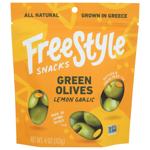 Freestyle Snacks Lemon, Garlic, Savory, Tangy Green Olives Pitted Olive - 4 Ounce