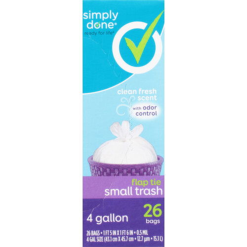 Simply Done Trash Bag, Flap Tie, Small, Clean Fresh Scent, 4 Gallon