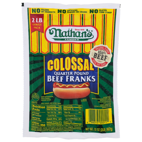 Nathan's Famous Colossal Quarter Pound Beef Franks - 32 Ounce