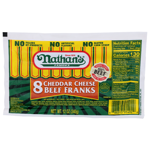 Nathan's Famous Cheddar Cheese Beef Franks - 1.5 Ounce - 8 Count