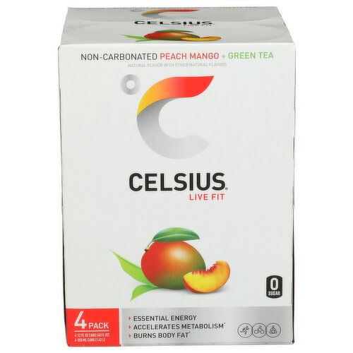 CELSIUS Peach Mango Green Tea, Functional Essential Energy Drink Pack Of 4 - 12 Fluid Ounce - 4 Count