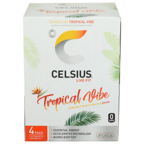 Celsius Sparkling Tropical Vibe, Functional Essential Energy Drink Pack Of 4 - 12 Fluid Ounce - 4 Count