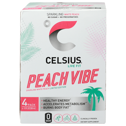 Celsius Peach Vibe Sparkling White - 12 Fluid Ounce - 4 Count