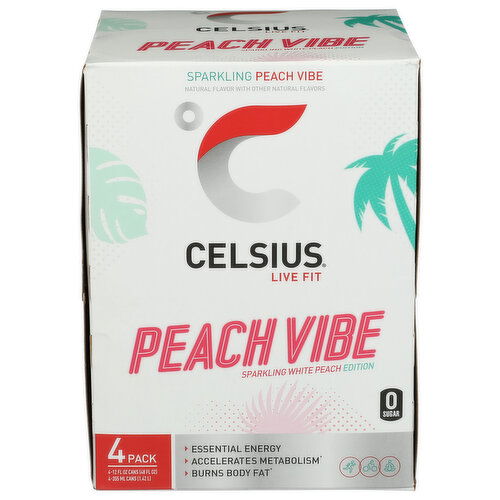 Celsius Sparkling Peach Vibe, Functional Essential Energy Drink Pack Of 4 - 12 Fluid Ounce - 4 Count