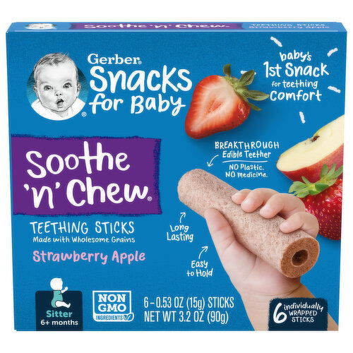 Gerber Teething Sticks, Strawberry Apple, Soothe 'n' Chew, Sitter (6+ Months)