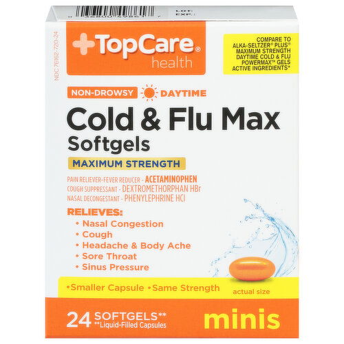 TopCare Cold & Flu Max, Maximum Strength, Daytime, Non-Drowsy, Minis, Softgels