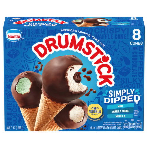Drumstick Frozen Dairy Dessert Cones, Mint/Vanilla Fudge/Vanilla, Simply Dipped - 8 Each