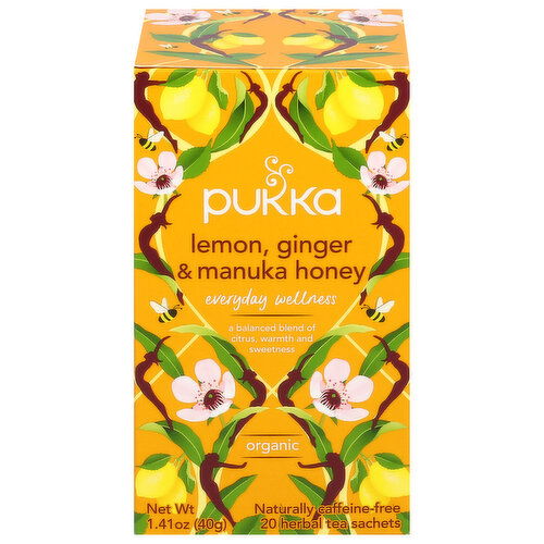 Pukka Herbal Tea, Organic, Naturally Caffeine-Free, Everyday Wellness, Lemon, Ginger & Manuka Honey, Sachets