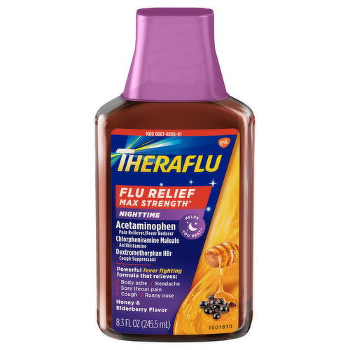 Theraflu Nighttime Max Strength Honey & Elderberry Flavor Flu Relief - 8.3 Fluid Ounce