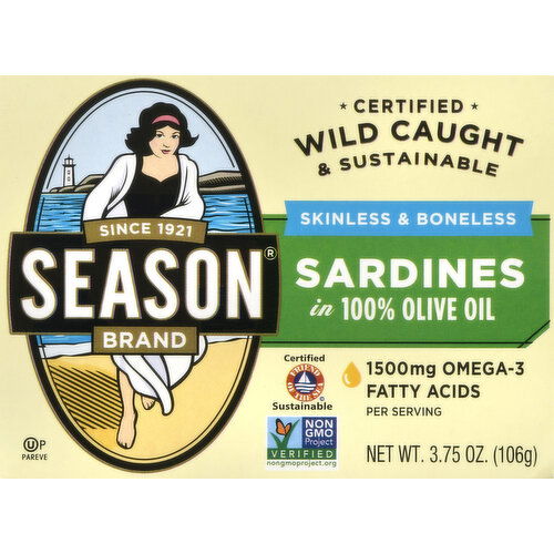 Season Sardines in 100% Olive Oil, Skinless & Boneless - 3.75 Ounce