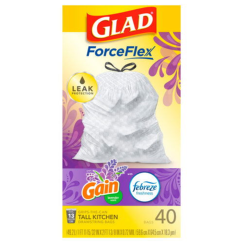 Glad Drawstring Bags, Tall Kitchen, Lavender Scent, 13 Gallon