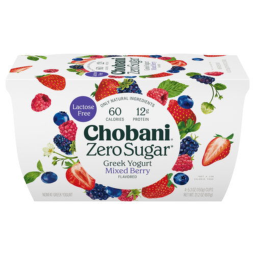 Chobani Yogurt, Greek, Nonfat, Zero Sugar, Mixed Berry Flavored