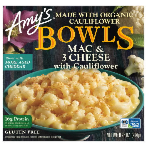 Amy's Frozen Bowls, Mac & 3 Cheese with Cauliflower, Gluten Free, 8.25 oz.