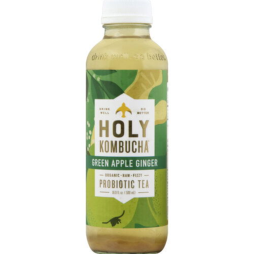 Holy Kombucha Tea, Raw Fizzy Probiotic, Green Apple Ginger