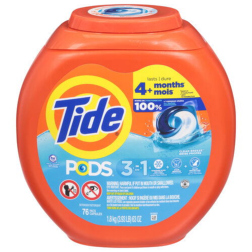 Tide Detergent, Clean Breeze, 3 in 1, Pacs