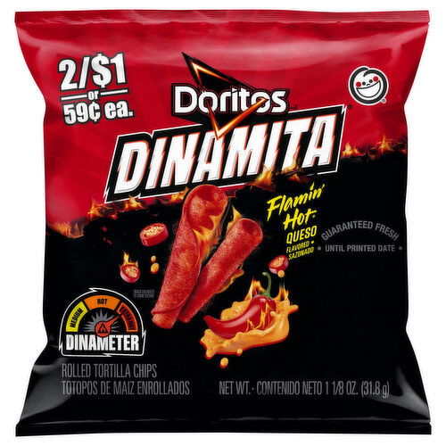 Doritos Tortilla Chips, Flamin' Hot Queso Flavored, Extra Hot, Rolled