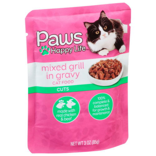 Paws Happy Life Cat Food, Mixed Grill in Gravy, Cuts