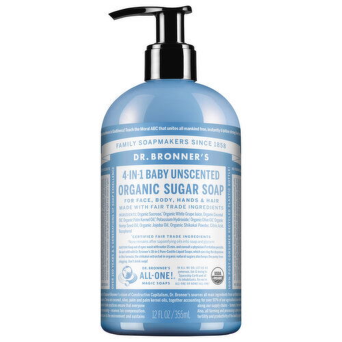 Dr. Bronner's Sugar Soap, Organic, Unscented, Baby, 4-in-1