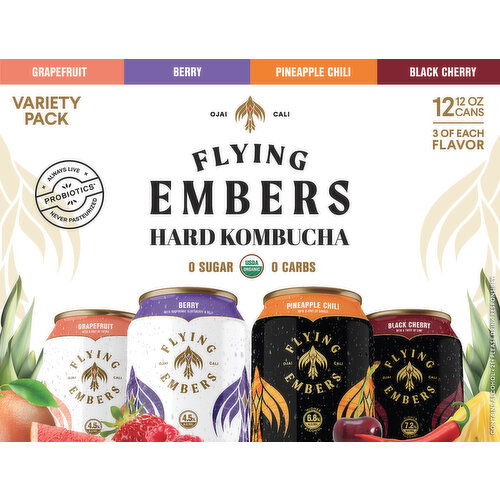 Flying Embers Hard Kombucha, Variety Pack, 12 Pack