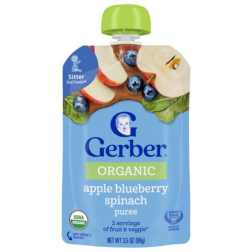 Gerber Puree, Apple Blueberry Spinach, Sitter 2nd Foods