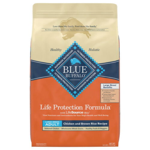 Blue Buffalo Food for Dogs, Natural, Chicken and Brown Rice Recipe, Large Breed, Adult