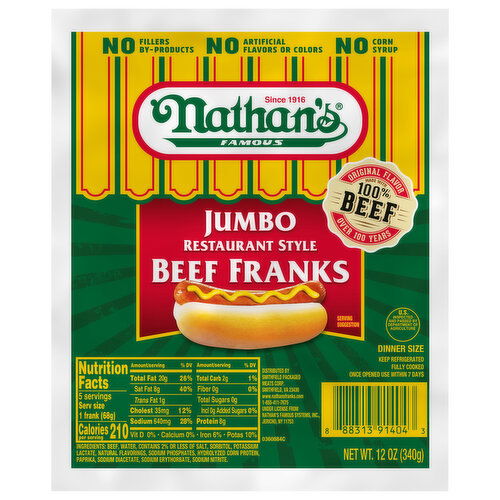 Nathan's Famous Beef Franks, Restaurant Style, Jumbo