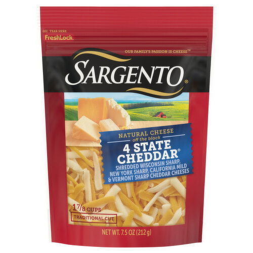 Sargento Shredded Cheese, Natural, 4 State Cheddar, Traditional Cut